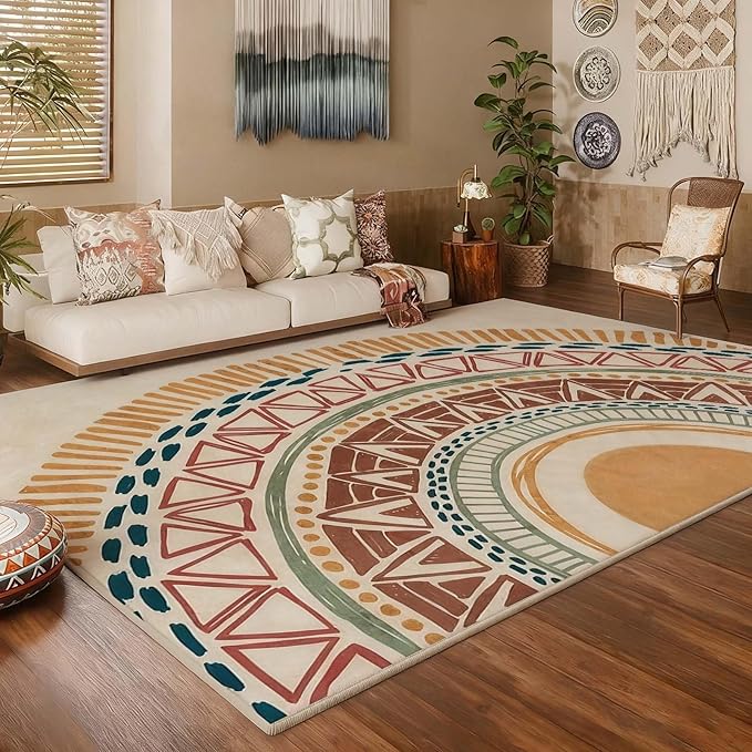 Colorful Geometric Sun Rug, Sun Pattern Rug, Geometric Area Rugs, Colorful Abstract Rugs, Washable Boho Carpet for Living Room, Bedroom, Dining Room, Office (9' x 14'(Rectangular))