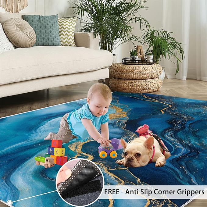 Blue Gold Marble Rugs for Bedroom - 3x4 Area Rug - Modern Fashion Marble Rugs for Living Room, European Light Luxury Art Rug, Washable Home Decor Carpet