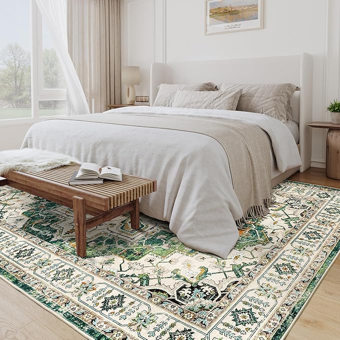 zesthome 6x9 Area Rugs, Machine Washable Rugs for Living Room, Bedroom,Stain Resistant Vintage Large Area Rug,Non-Slip Medallion Pattern Home Decor Rugs (Green,6'x9')
