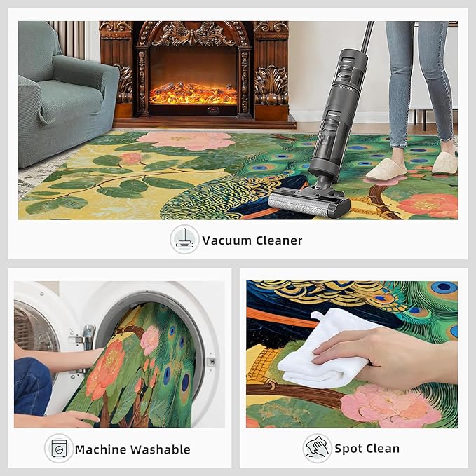 Peacock Peony Rugs for Bedroom - 3x4 Rug, Peacock Decor Area Rugs for Living Room, Peony Flower Carpet, Floral Animal Washable Area Mat, Aesthetics Carpet - Peafowl Home Decor & Gifts