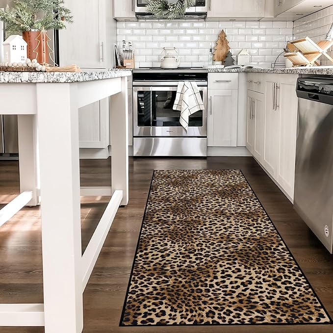 Leopard Rug 2x6 Runner Rug Washable Kitchen Runner Non-Slip Soft Modern Print Faux Wool Carpet for Hallway Indoor Entryway（2x6ft,Brown）