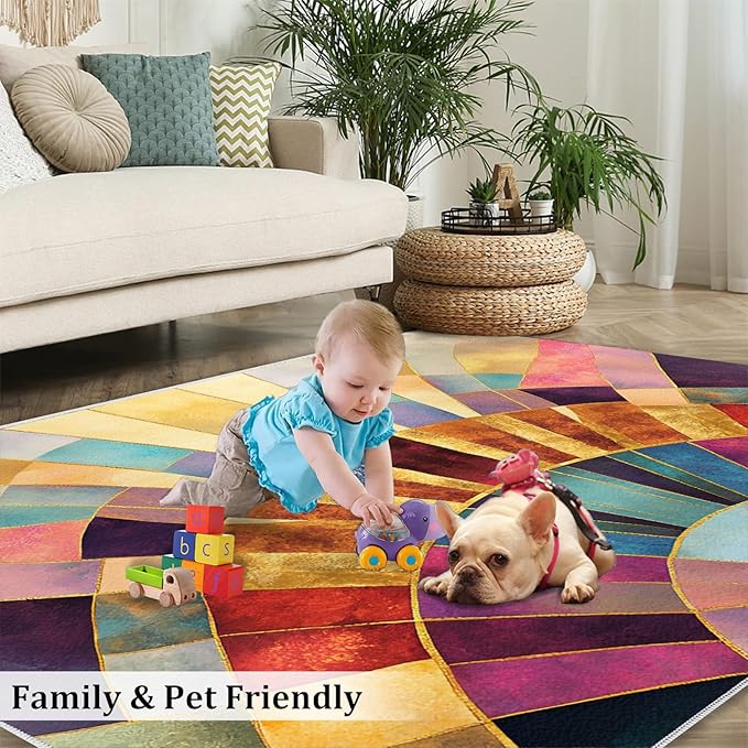 Chromatic Geometric Runner Rugs 3x6ft, Abstraction Deco Bedside Rug, Mosaic Sunburst Laundry Rug with Non Slip Backing for Bedroom Kitchen Sink Front Door Entryway Indoor