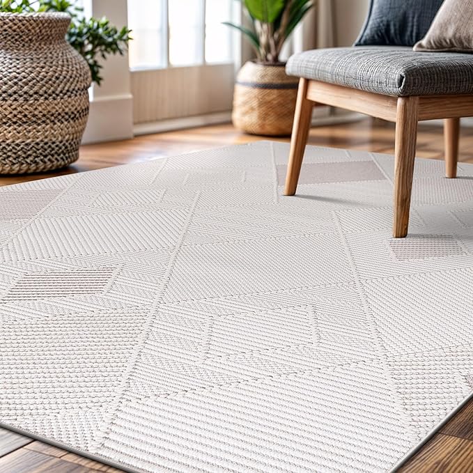CAMILSON Micro Loop Rug 5x7 Modern Luxury Geometric Diamond Trellis Area Rugs Soft High and Low Pile Stain Resistant Easy-Cleaning Non-Shedding for Living Room Office Indoor Carpet (5 x 7 White-Beige)