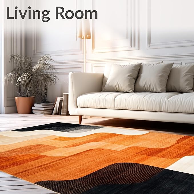 Flatwoven High Traffic Area Rug 5x7, Copper Black Burnt Orange Abstract Indoor Floor, Non Slip, Stain Resistant, Washable Area Rugs for Living Room, Bedroom (Beige, 5x7)