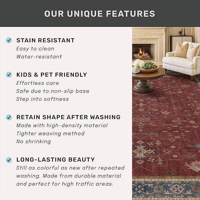 2x6 Turkish Kitchen Runner Rugs Non Skid Washable - Washable Rug for Hallway, Bedroom Bedside, Bathroom, Laundry Room, Hallway, Non Slip with Rubber Backing, Oriental Dark Red Kitchen Accessories