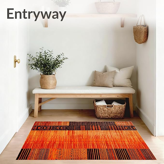 Flatwoven High Traffic Area Rug 6x9, Burnt Orange Copper Fiery Abstract Shape Floor, Non Slip, Stain Resistant, Washable Area Rugs for Living Room, Bedroom (Orange, 6x9)