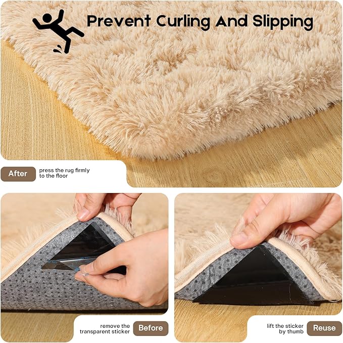 4x6 Light Tan Rugs for Bedroom Living Room, Fluffy Small Area Rug Soft Shag Carpet for Kids Boys and Girls Room with 4 Rugs Non-Slip Stickers Dorm Home Decor (4ft x 6ft)