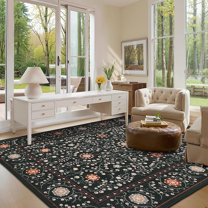 GarveeHome Boho 6x9 Area Rug for Living Room, Floral Vintage Rugs for Bedroom with Soft Low Pile, Non Slip Stain Resistant Botanical Washable Rug 6x9 for Dining Room Black Carpet for Dorm Office