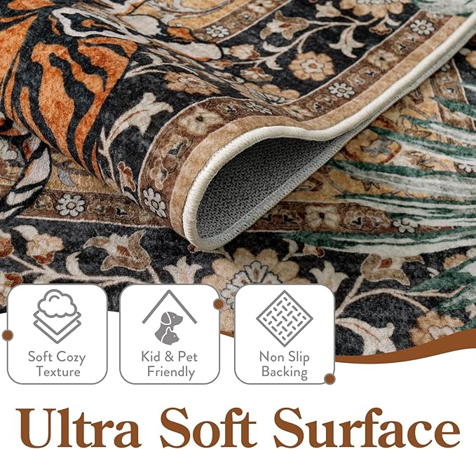 Moynesa Tiger Washable Rugs, 3x5 Entry Area Rugs, Non Slip Vintage Soft Living Room Carpet, Boho Low Pile Stain Resistant Indoor Throw Mat for Kitchen Bedroom Entrance, Camel