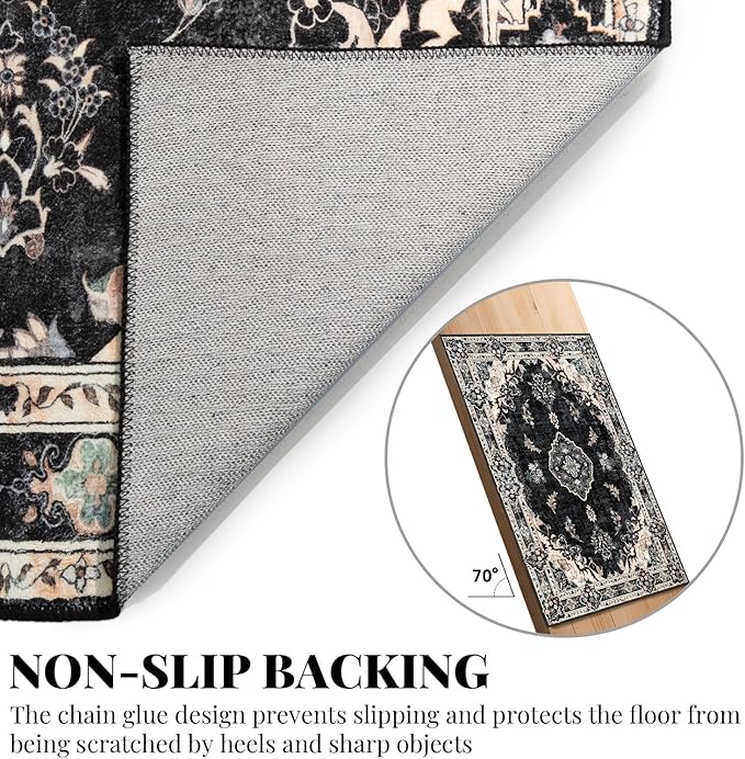 MUJOO Black Rug 6'x9',Washable Area Rugs for Living Room Bedroom Dining Room, Large Boho Vintage Farmhouse Distressed Non Slip Carpet,Floral Flowers