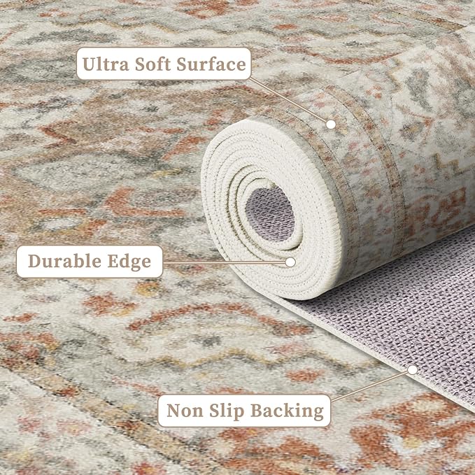 Enkor Runner Rugs for Hallway, 2x6 Washable Soft Boho Non Slip Floor Rugs for Kitchen, Modern Mat for Living Room Bedroom Entryway Beige & Orange