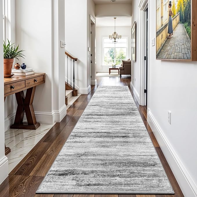 Washable Hallway Runner Rug for Home: Extra Long Runners for Entryway Living Room Dining Room - Stain and Water Resistant Rugs with Non-Slip Backing - Soft Low-Pile Carpet 2'6''x12' Grey