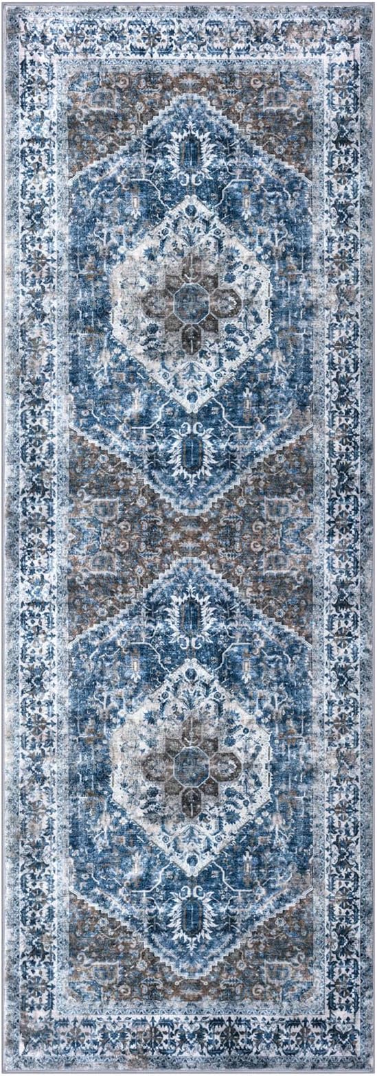 KOZYFLY Runners for Hallways 2.6x8 Ft Washable Kitchen Runner Rug Boho Runner Rug for Entryway Indoor Blue Printed Oriental Faux Wool Floor Carpet Runner for Bedroom Kitchen Hall