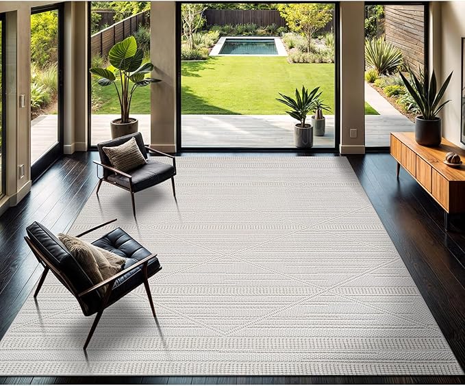 CAMILSON Micro Loop Rug 6x9 Modern Luxury Geometric Pattern Area Rugs Soft High and Low Pile Stain Resistant Easy-Cleaning Non-Shedding for Living Room Office Indoor Carpet (6 x 9 / White)