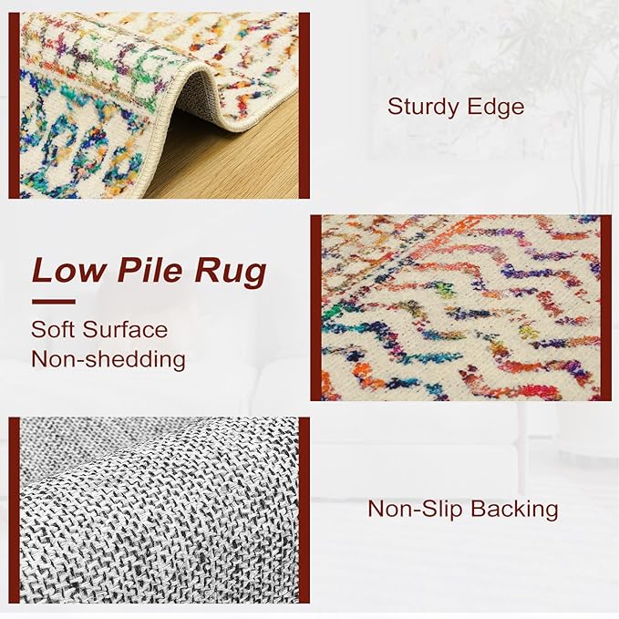 Moroccan Hallway Runner Rug 2x6, Ultra Soft Non Slip Bathroom Runner Rug, Low-Pile Washable Hallway Rug Front Door Mat Neutral Rug for Bathroom Laundry Room Bedroom