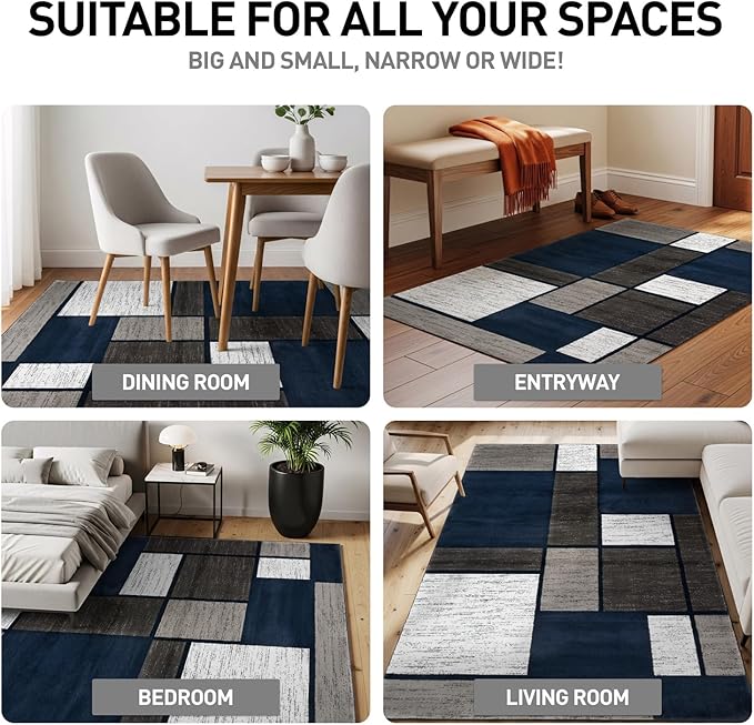 Rugshop Modern Geometric Boxes Navy Area Rug, Carpet with Jute Backing for Living Room, Large Bedroom, or Open Spaces, 9' x 12'
