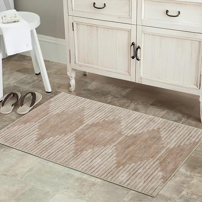 HelloTree 2x3 Entryway Rug, Indoor Small Machine Washable Area Rug Non Slip Backing Home Decor Floor Decoration Mat Boho Rugs for Entrance Kids Room Bedside Bedroom Carpet-Pink&Khaki