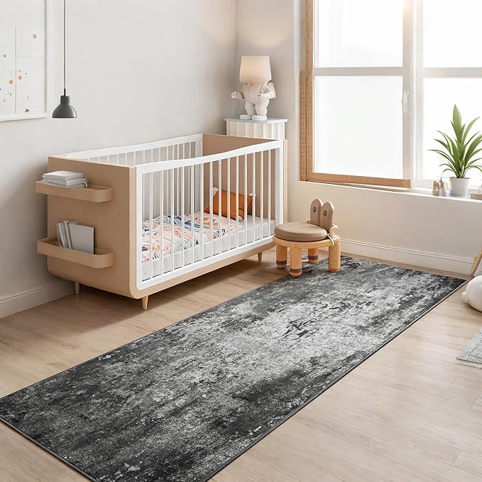 2.6x8 Black Rug Runners for Hallways Kitchen Runner Rug Non Slip Washable Black Long Runner Rugs with Rubber Backing Soft Abstract Carpet Runner for Bedroom, Kitchen, Bathroom, Entryway