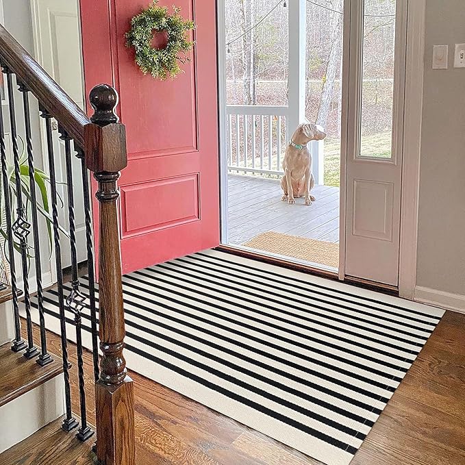 KOZYFLY 3'x5' Cotton Area Rug, Black and Beige Striped Outdoor Rug, Hand-Woven, Machine Washable, Perfect for Front Door, Kitchen, Living Room
