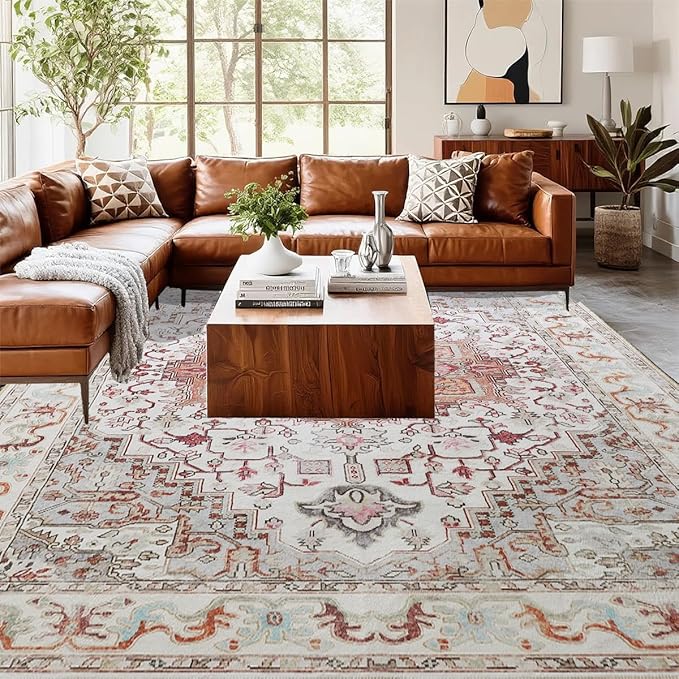 Large Area Rugs 8x10, Washable Vintage Rugs -Low Pile, Soft Plush Rugs for Bedroom, Kitchen, Dining Room, Stain Resistance, Non Shedding & Kid & Pet Friendly, Beige