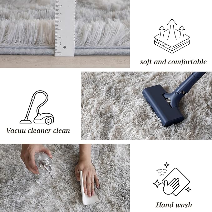 6x9 Area Rugs for Living Room Bedroom, Soft Fluffy Shaggy Bedside Rug, Indoor Floor Carpet for Kids Playroom, Dorms, Nursery Rooms, Home Decor (Tie-Dyed Light Grey 6'x9')
