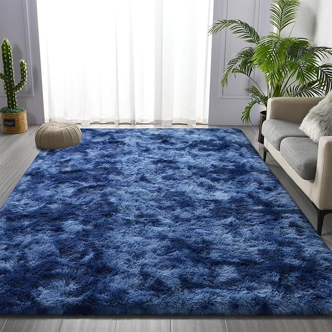 Large Shag Area Rugs 6 x 9, Plush Fuzzy Rugs for Living Room, Ultra Soft Fluffy Furry Rug for Bedroom, Indoor Carpet Nursery Rugs for Kids Room Home Decor, Tie-Dyed Navy Blue