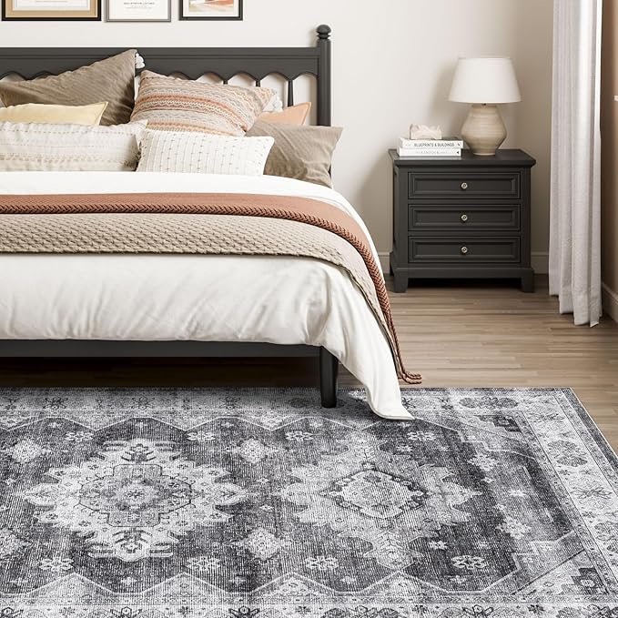 Dripex Vintage Washable Area Rug - 4x6 Distressed Rugs for Living Room Bedroom Oriental Medallion Floral Print Carpet Low-Pile Indoor Soft Non-Slip Accent Rug Farmhouse Office Home Decor