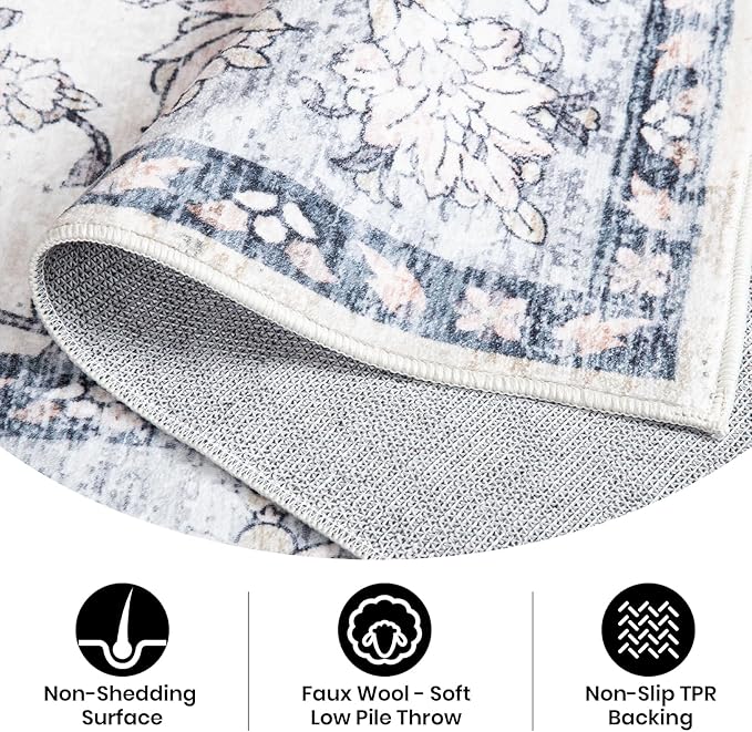 4x6 Washable Area Rug – Dusty Lavender & Gray Vintage Carpet with Charcoal Border, Watercolor Floral and Foliage Pattern, Boho Chic Non-Slip Indoor Rug for Bedroom, Living Room, Dining Room, Entryway