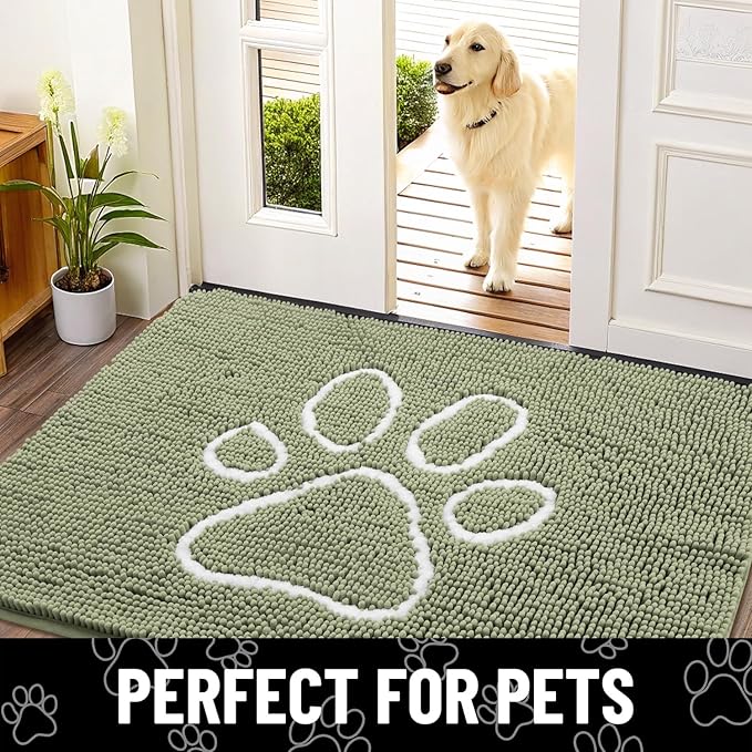 Smiry Dog Door Mat for Muddy Paws, Absorbent Dirt Trapper Non Slip Quick Dry Washable Chenille Mat for Mud Dogs, Entry Rug for Indoor and Outdoor (70x24 Inches, Sage Green and White)