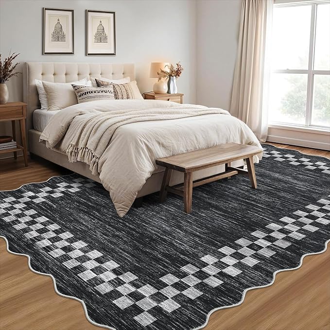 GarveeHome Washable Rug 5x7 for Living Room Large Bedroom Scalloped Rug Non Slip Stain Resistant Modern Border Throw Carpet Soft Boho Rug for Dining Room Nursery Home Office, Grey