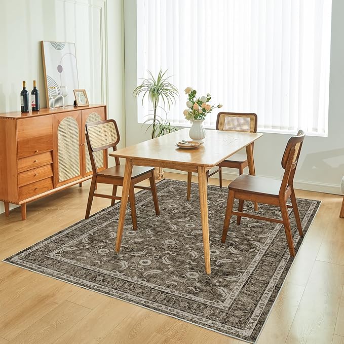 WITSHOCK Living Room Area Rugs 5x7: Soft Non-Slip Backing Washable Rugs Vintage Large Carpet for Bedroom Office Dining Room Kitchen Stain Resistant Home Decor Rug, Dark Brown