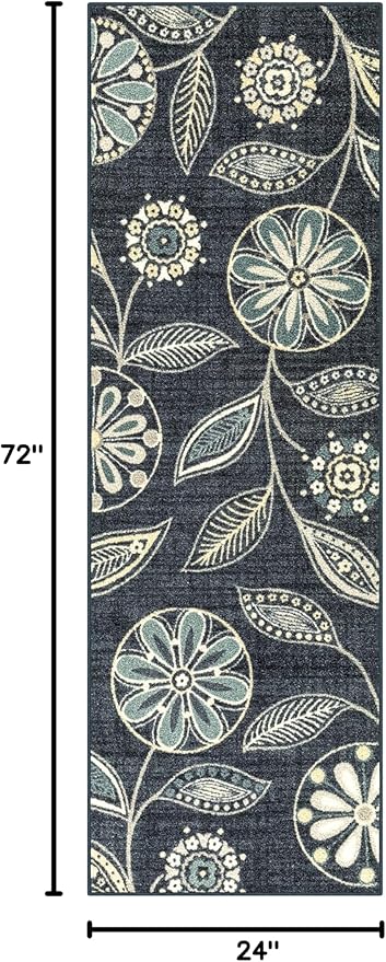 Maples Rugs Reggie Floral Runner Rug - Made in USA - Washable, Non Slip Indoor Carpet for Kitchen, Hallway, and Laundry Room, 2' x 6', Persian Blue