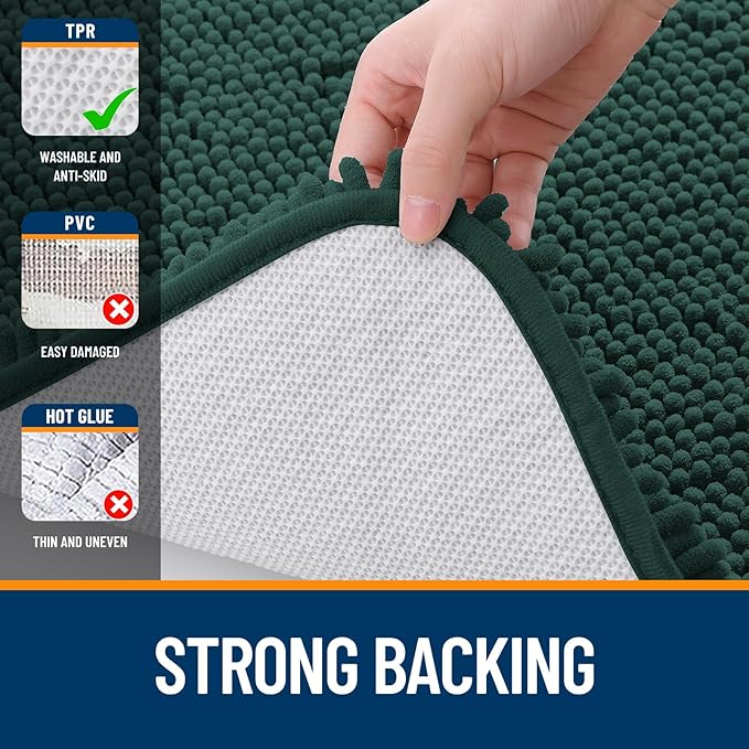 OLANLY Bathroom Rugs 24x16, Extra Soft Absorbent Chenille Bath Rugs, Rubber Backing Quick Dry, Machine Washable Bath Mats for Bathroom Floor, Tub and Shower, Home Decor Accessories, Blackish Green