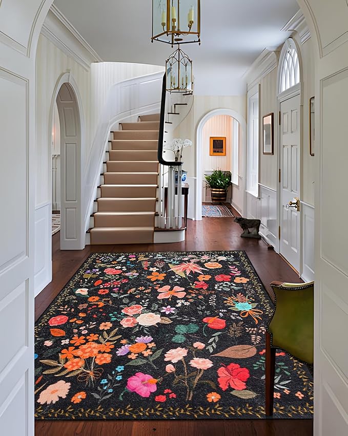 Area Rug 9x12, Washable Large Rugs for Living Room, Non Slip 0.27" Low Pile Vintage Floral Large Carpet for Bedroom, Dining Room, Kids Playroom (Black)