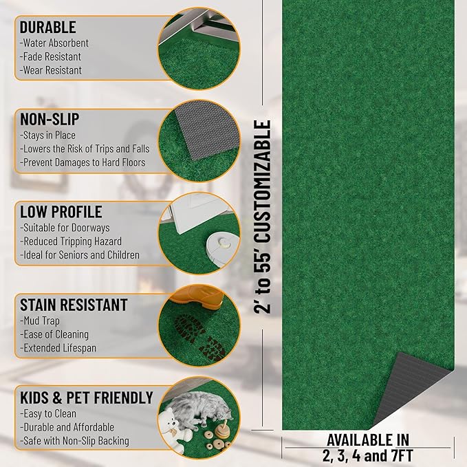 Ottomanson 2'7" x 51' Hallway Runner with Scraper Pile - Extra Durable Non-Slip Rug Mat for Indoor & Outdoor Use - Ideal for Kitchen, Entryway & Garage - High-Traffic Carpet, Green