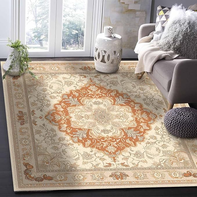Orange Bohemian Rectangular Area Rugs for Living Room Bedroom 3 x 5 ft Vintage Farmhouse Floral Pattern Non-Shedding Soft Low Pile Rug Non Slip Washable Rug for Nursery Entryway Playroom