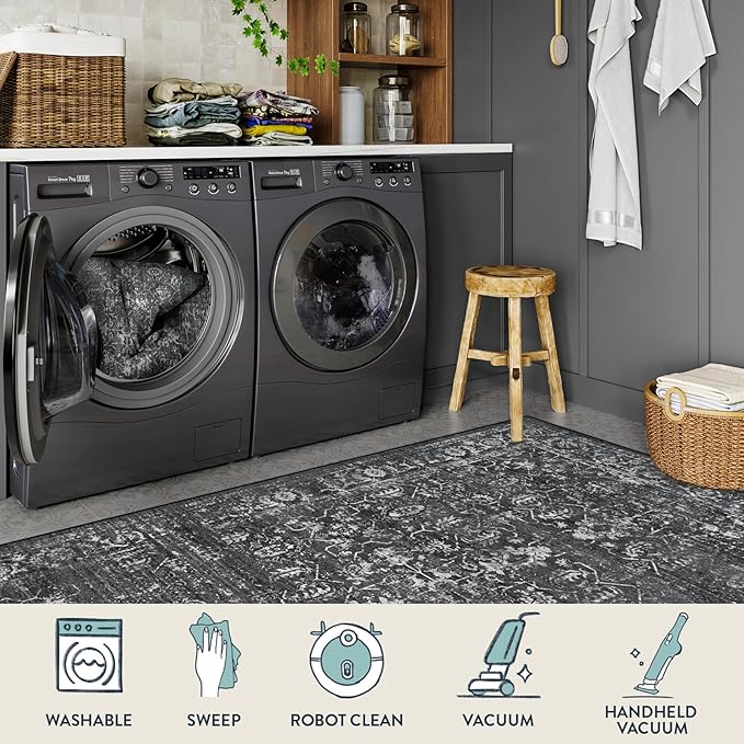 Lahome Area Rugs 9x12 Living Room Soft Large Rugs for Bedroom, Boho Black Dining Room Rug, Distressed Non Slip Low Pile Carpet for Indoor Home Office(9'x12', Black/Grey)