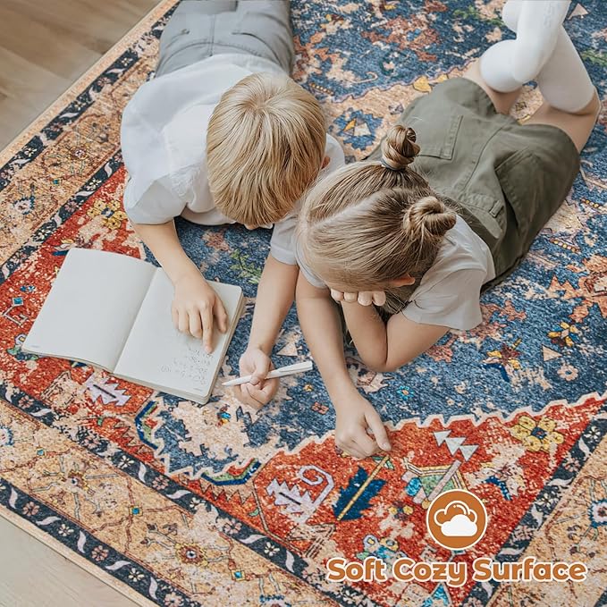 Area Rug 6x9 Washable Rug, Vintage Boho Medallion Rugs Non-Slip Soft Low Pile Large Distressed Rug Indoor Retro Carpet for Living Room Bedroom Dining Room Home Office (Tribal Medallion/Multi, 6'x9')
