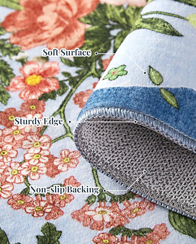 Door Mat Entrance 2x3 Rug - Floral Rugs Washable Small Area Rug Non-Slip Stain Resistant Low Pile Flower Print Throw Rugs for Indoor Entryway, Bedroom, Kitchen, Front Door, Entry - Blue