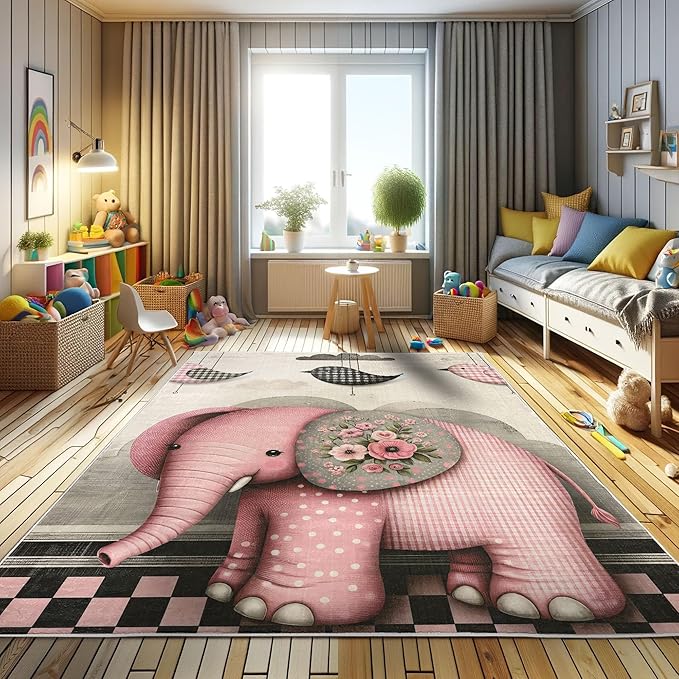 Ambesonne Elephant Decorative Rug, Modern Birds with Plaid Detail and Clouds Floral Ornate Olifant Print, Quality Carpet for Bedroom Dorm and Living Room, 2' x 5', Pastel Pink Grey Yellow