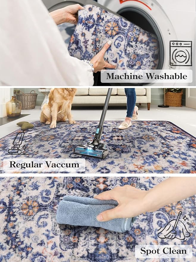 Lahome Bohemian Floral Medallion Area Rug - 2x3 Blue Small Kitchen Rug Machine Washable Front Door Rug, Soft Non Slip Indoor Floor Throw Carept for Bedroom Bathroom Mud Room Entry Way
