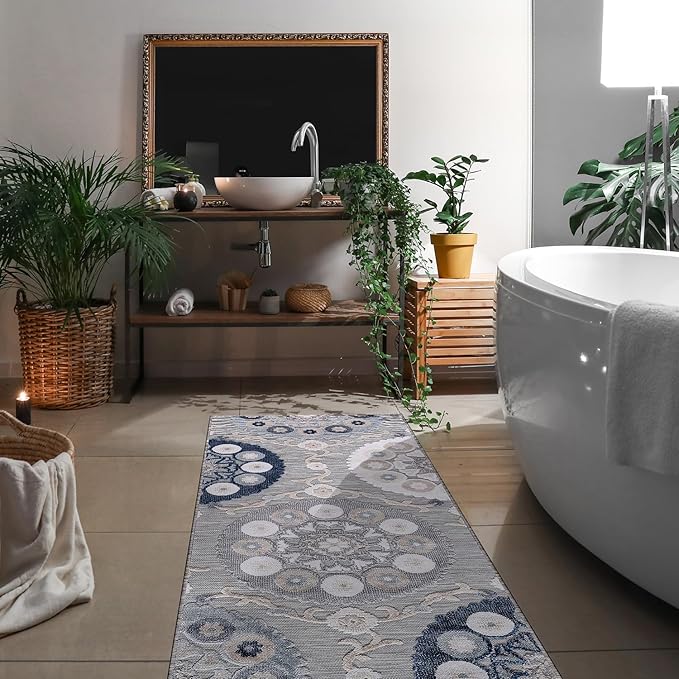 CAMILSON Runner Outdoor Rugs Oriental Retro Traditional Floral Medallion Area Rug 2x10 Non-Shedding Stain Resistant Indoor Carpet for Bathroom Hallway Kitchen Office (2 x 10 / Blue)