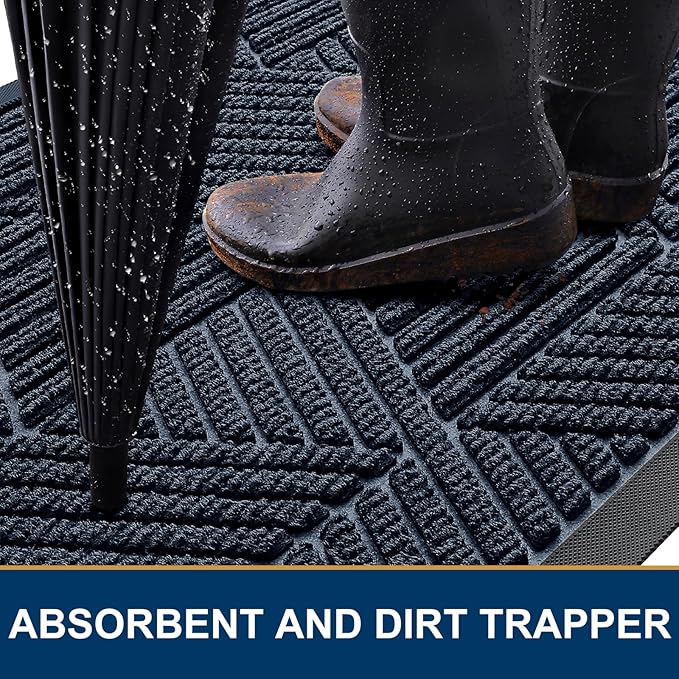 Kitinjoy Front Door Mat Outside Entrance, Sturdy Natural Dirt Trapper, Heavy Duty Rubber Doormat, Low Profile Non-Slip Backing, Easy Clean Floor Mat for Indoor Outdoor Entry, 35X23 Inch, Navy Blue