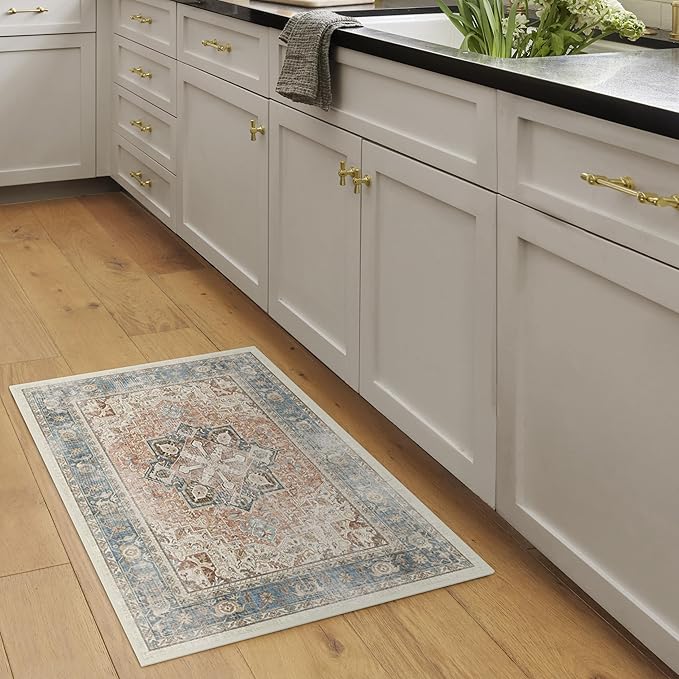 RUGGABLE Washable Vintage Area Rug – Kamran Coral 2x3, Stain-Resistant, Non-Slip – Small Machine Washable Rugs for Living Room, Bedroom, Hallway, Entryway & Bathroom–with Standard Pad
