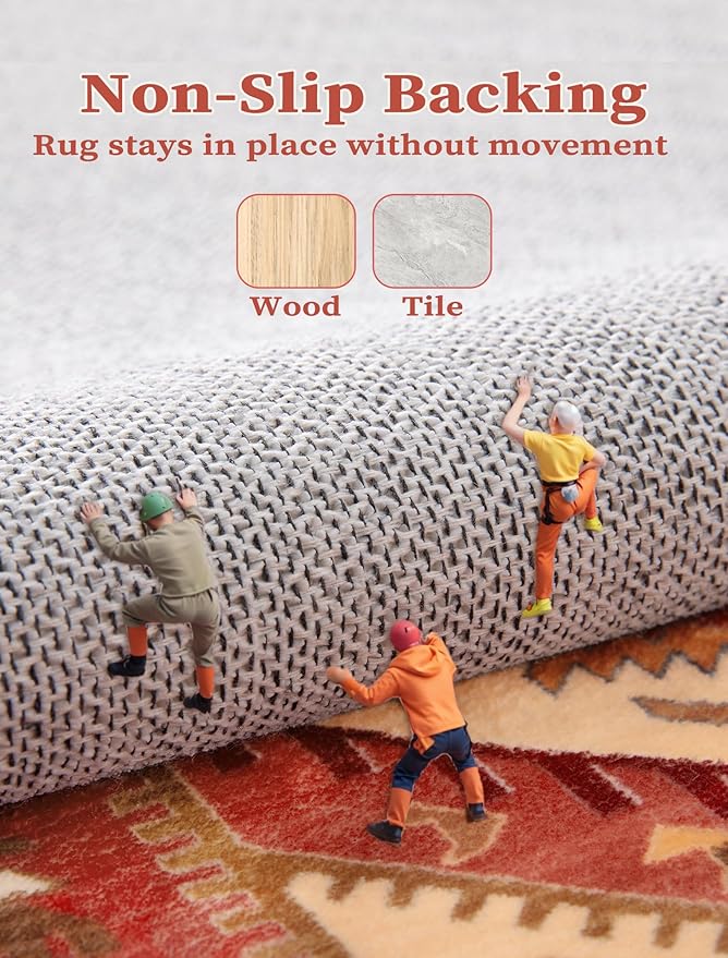 SERISSA Boho Washable Runner Rug, 2x6 Rug Runner Non-Slip Vintage Red Beige Hallway Kitchen Runner Rug Ultra Soft Print Distressed Floor Carpet Runner for Bedroom Bathroom Laundry Living Room