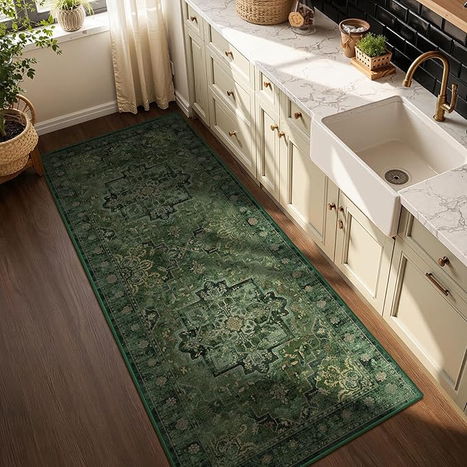 Dark Green 3x6 Runner Rug Non Slip, Washable Thin Kitchen Runner, Vintage Distressed Medallion Carpet Runners for Hallway 6ft Indoor Entryway/Bedroom/Foyer/Laundry Room/Bathroom