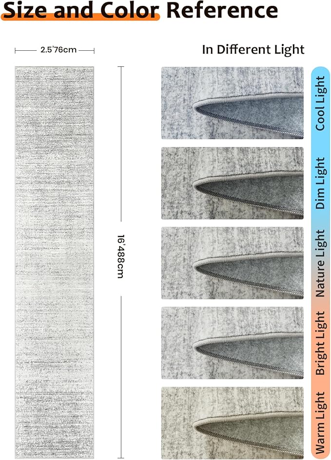 Art&Tuft Non-Slip Runner Rug - 2.5x16 Runner Rug Washable Low-Pile Rugs Runners, Soft Distressed Carpet Runner for Bedroom Bathroom Kitchen Laundry Living Room, Grey