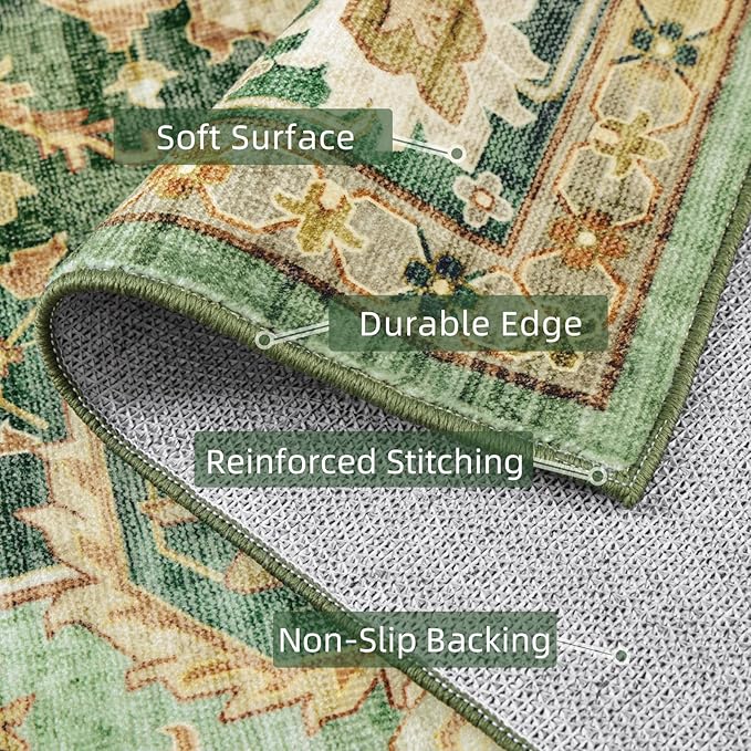 Deerly Green Rug 3x5 Area Rug with Non-Slip Backing, Washable Rugs for Bedroom Living Room Kitchen, Distressed Carpet Printed Low-Pile Soft Dorm Rug Room Decor(Border Green)