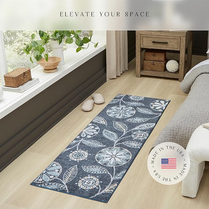 Maples Rugs Reggie Floral Runner Rug - Made in USA - Washable, Non Slip Indoor Carpet for Kitchen, Hallway, and Laundry Room, 2' x 6', Persian Blue