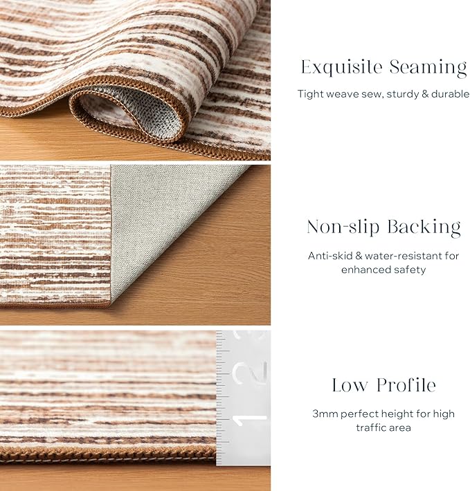 Phantoscope Washable Area Rug 5'x7' Non-Slip, Modern Neutral Boho Rugs for Living Room, Bedroom, Dining Room, Distressed Geometric Rectangle Pattern, Low-Pile Foldable Floor Carpet, Neutral Beige/Rust